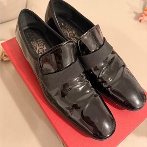 Salvatore Ferragamo Black Patent Leather Slip-On Loafers